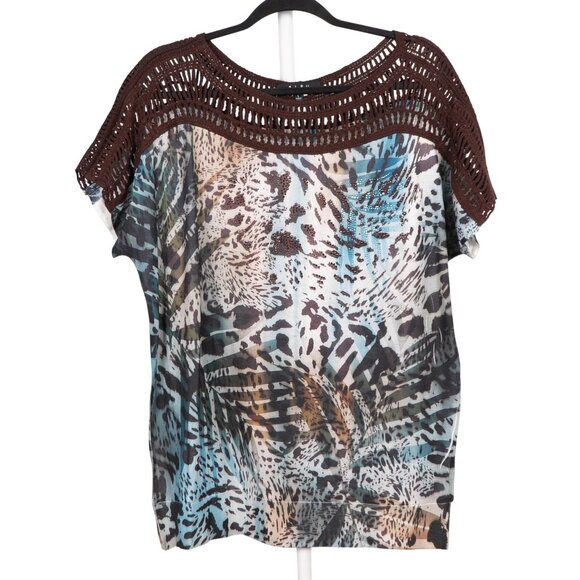 B.L.E.U. Shirt L Womens Animal Print Blue Brown Crochet Rhinestone Short Sleeve - Picture 1 of 6